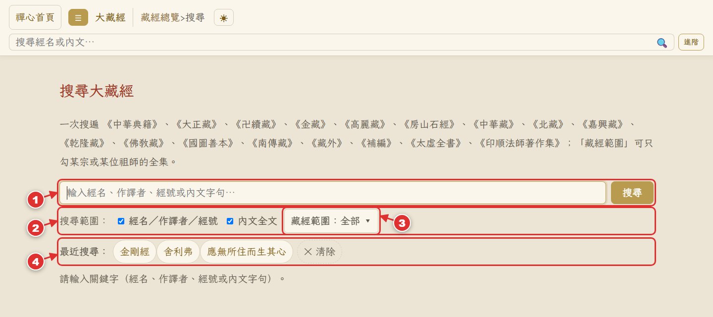 大藏經進階搜尋頁:搜尋框、範圍勾選、藏經範圍鈕