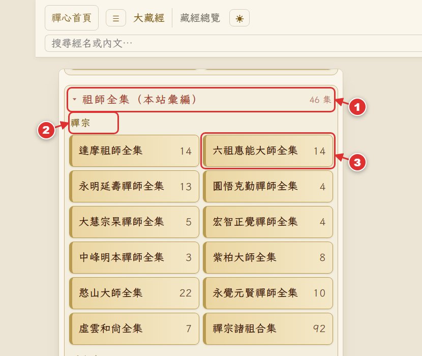 左側選單:祖師全集(本站彙編)整組收合,展開後依宗派排列